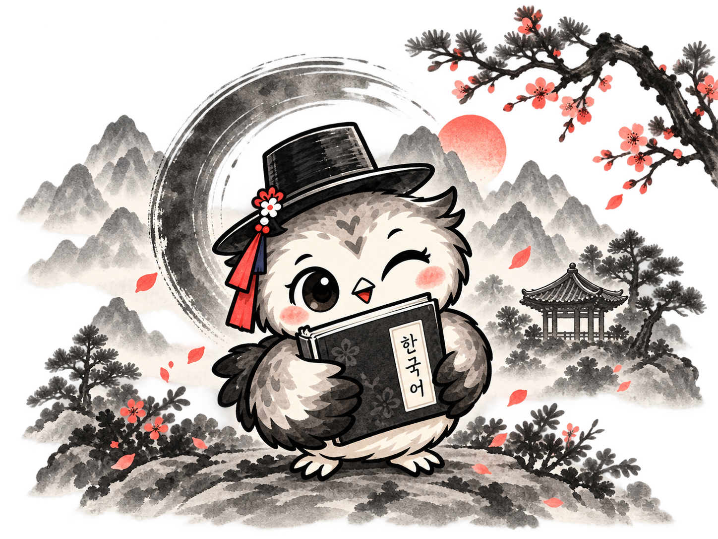 Маскот Hanguklya с книгой корейского языка на фоне корейского пейзажа
