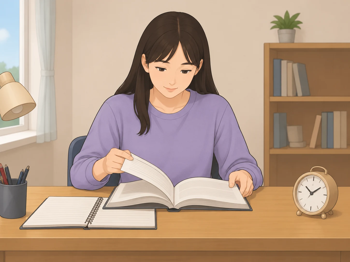Девушка открывает книгу за столом.