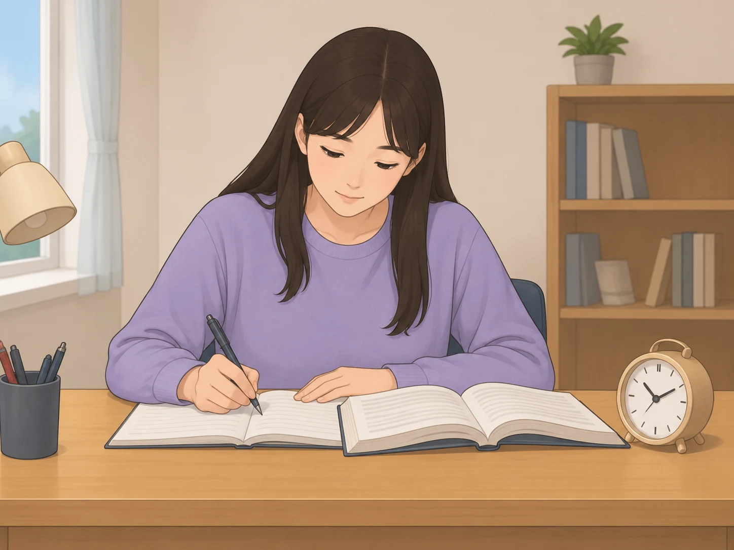 Девушка пишет в открытой книге за столом.